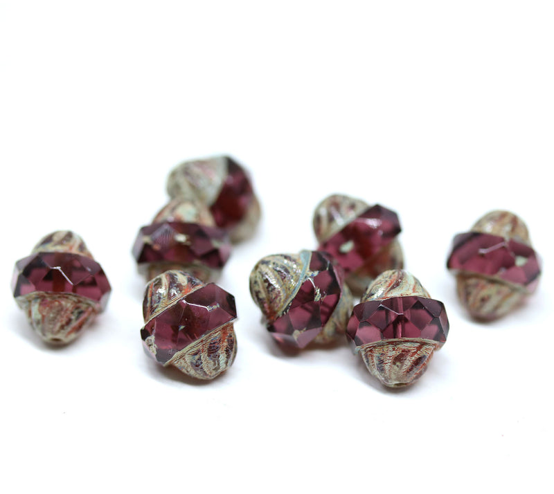 11x10mm Purple turbine beads, Picasso finish Czech glass fire polished bicone faceted beads 8pc