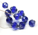 11x10mm Dark blue turbine beads, Silver ends Czech glass fire polished bicone faceted beads 8pc