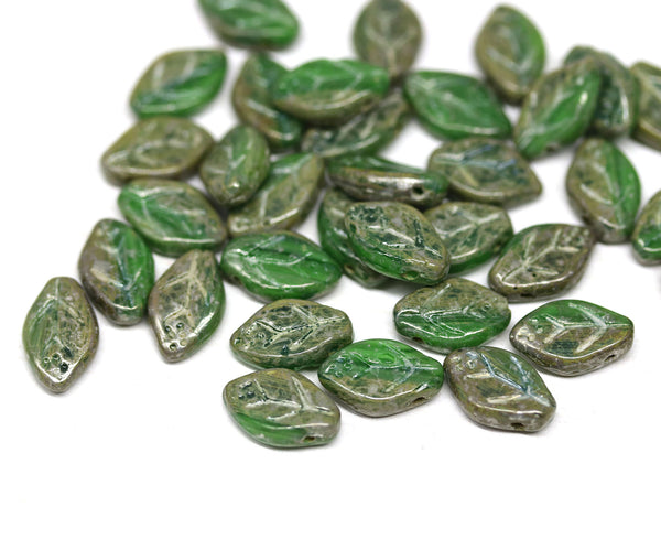 12x7mm Opaque green leaf beads, Picasso Czech glass leaves - 50pc