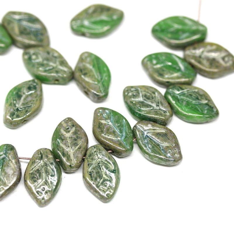 12x7mm Opaque green leaf beads, Picasso Czech glass leaves - 50pc