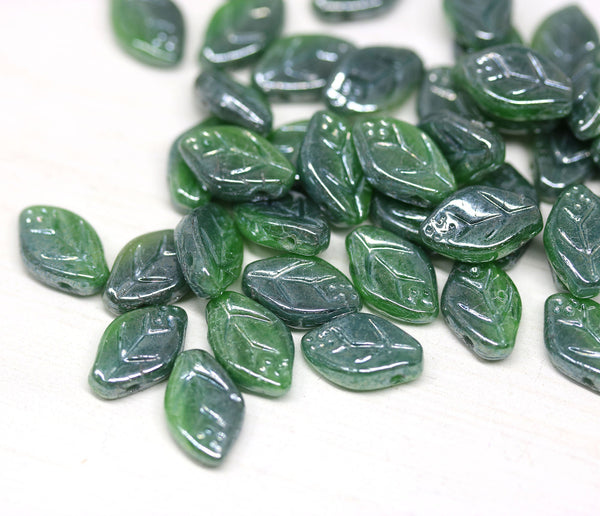12x7mm Mixed green leaf beads, Silver luster Czech glass leaves - 50pc