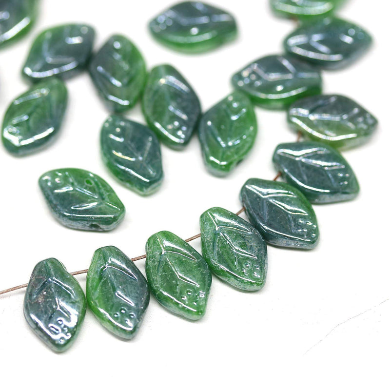 12x7mm Mixed green leaf beads, Silver luster Czech glass leaves - 50pc