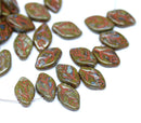 12x7mm Picasso green leaf beads, Green brown Czech glass leaves - 50pc