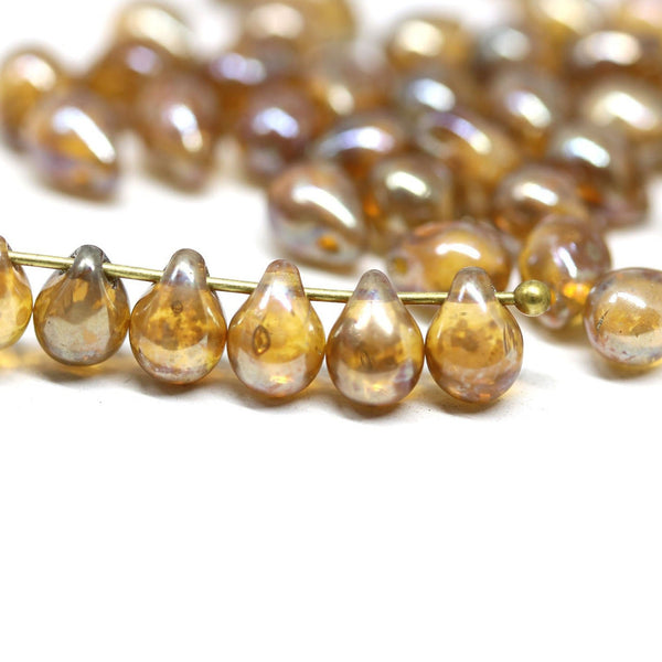 70pc Picasso topaz teardrops, czech glass top drilled drop beads - 5x7mm