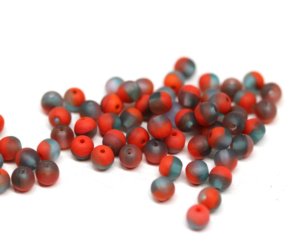 4mm Red gray mixed color round druk beads, Matte finish - approx.100Pc
