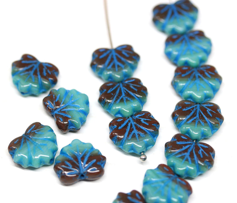 11x13mm Turquoise brown leaf beads, Blue inlays Czech glass maple leaves 20pc