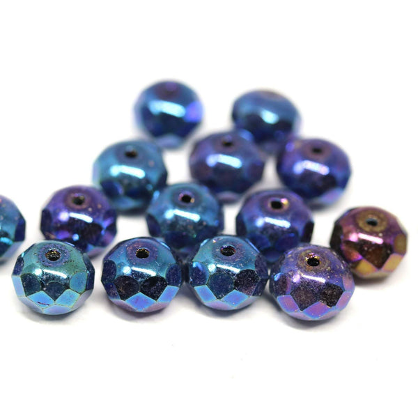 6x9mm Metallic blue Czech glass fire polished rondelle beads - 15Pc