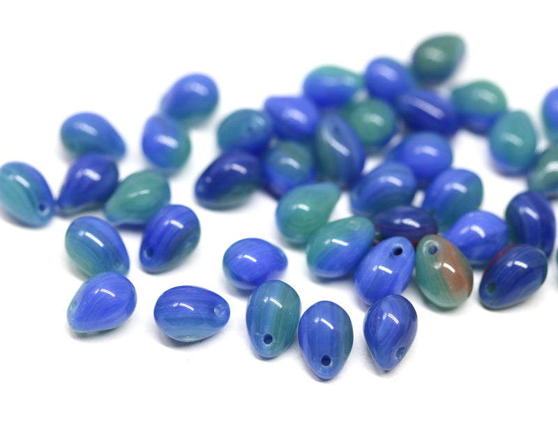 70pc Blue green teardrops, czech glass top drilled drop beads - 5x7mm
