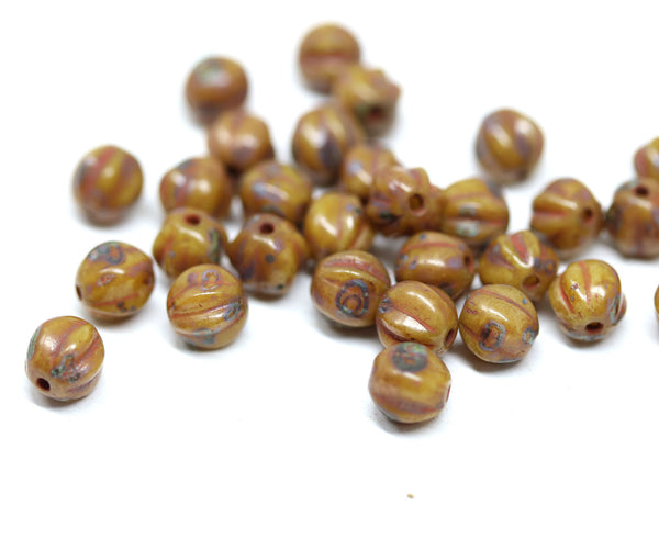 6mm Picasso brown czech glass melon shape beads - 30pc