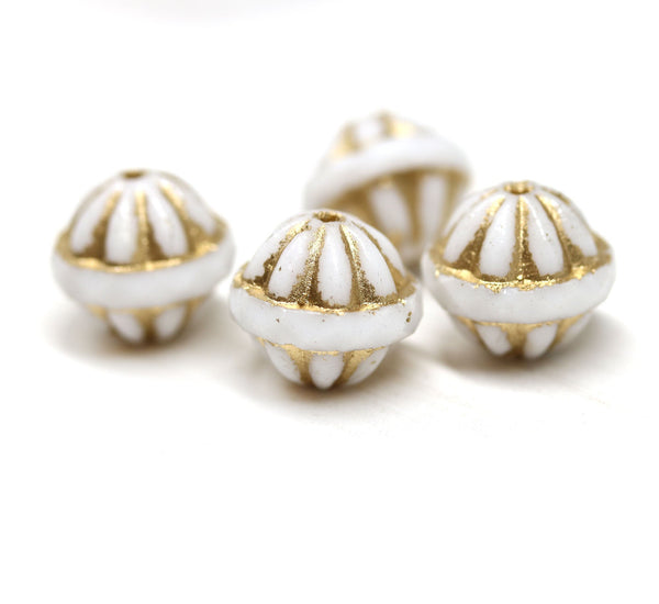 12x14mm White Large fancy bicone beads, golden inlays carved Czech glass fire polished 4Pc