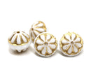 12x14mm White Large fancy bicone beads, golden inlays carved Czech glass fire polished 4Pc