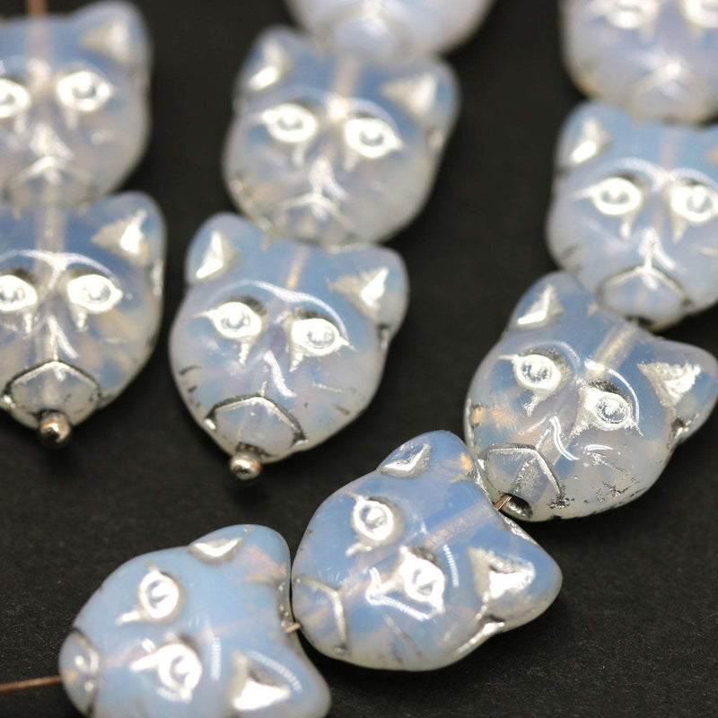 10pc Opal white cat head beads, Czech glass feline beads
