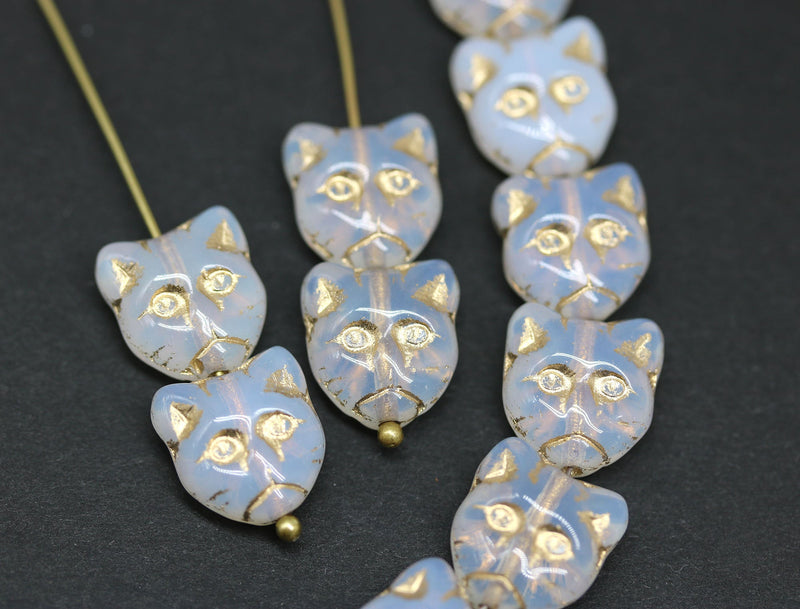 10pc Opal white cat head beads, Czech glass feline beads golden inlays