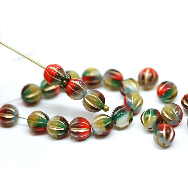 6mm Mixed color round melon czech glass beads - 30Pc