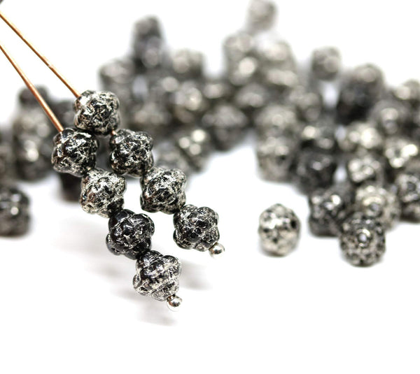 6mm Jet black Silver wash fancy bicone czech glass pressed beads 60pc