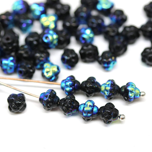 6mm Jet black blue metallic luster fancy bicone czech glass pressed beads 60pc