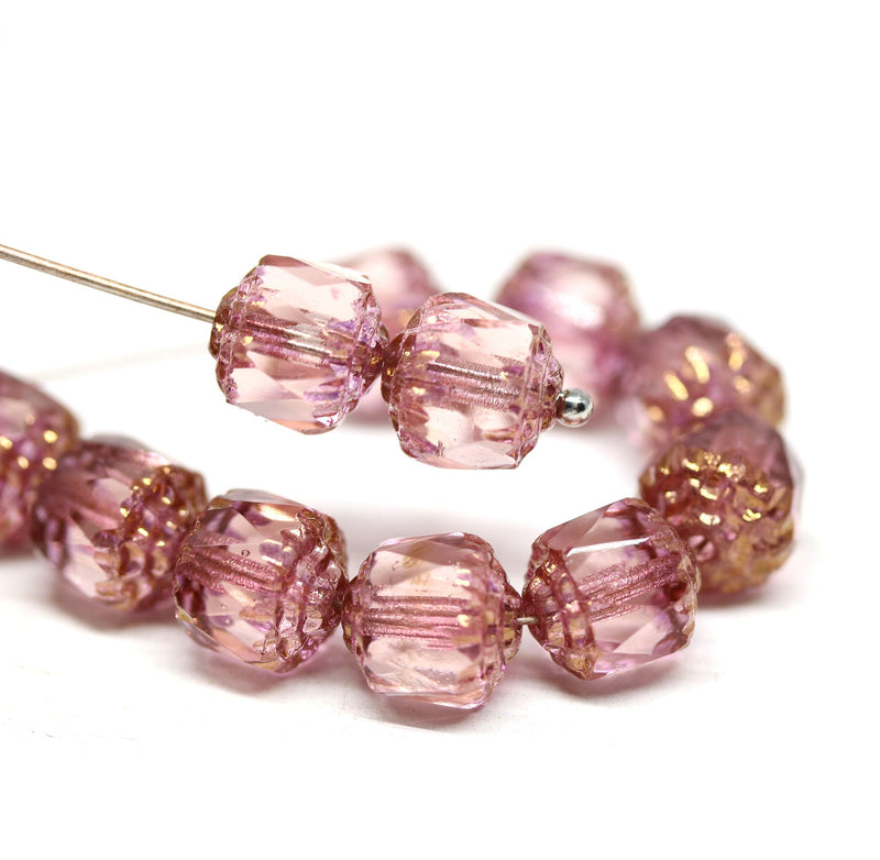 8mm Pink cathedral czech glass beads, Golden ends fire polished faceted ball beads 10Pc