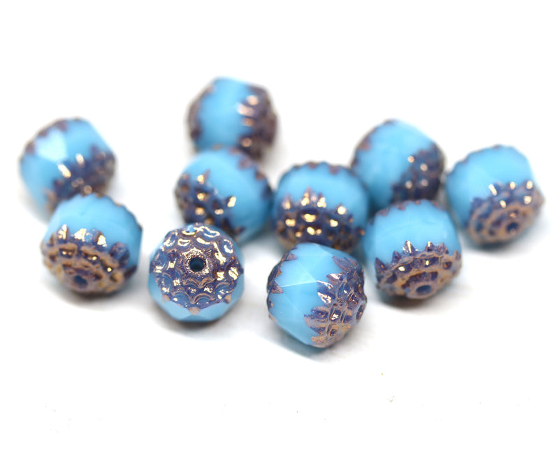 8mm Turquoise blue cathedral czech glass beads, Copper ends 10Pc