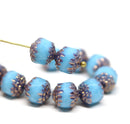 8mm Turquoise blue cathedral czech glass beads, Copper ends 10Pc