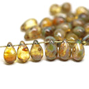 40pc  Picasso topaz czech glass teardrop beads, pressed - 6x9mm