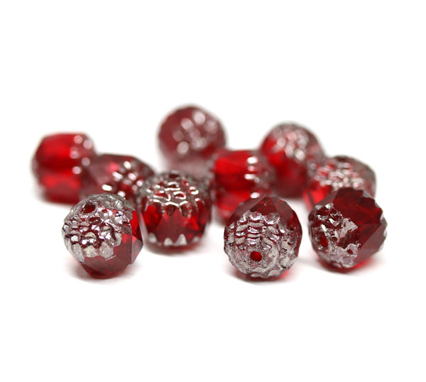 8mm Red cathedral beads with silver ends, czech glass fire polished 10Pc