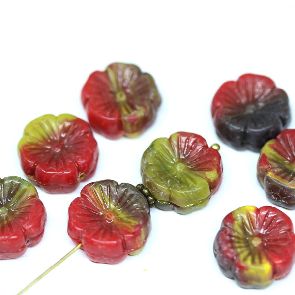 14mm Red yellow pansy flower, Czech glass flat daisy pressed beads - 8Pc