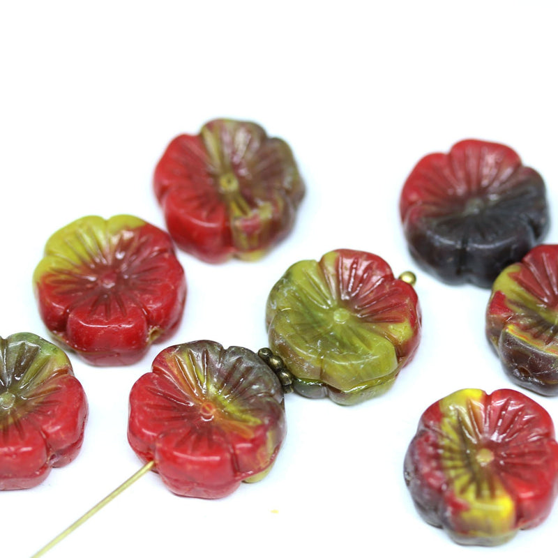 14mm Red yellow pansy flower, Czech glass flat daisy pressed beads - 8Pc
