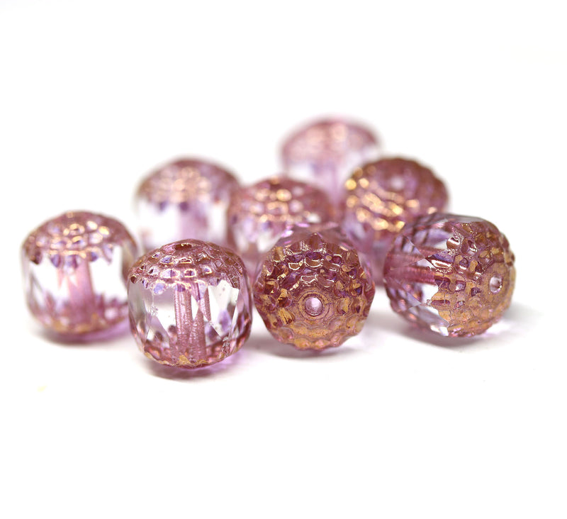 10mm Rose Pink cathedral czech glass beads, Golden ends fire polished 8Pc