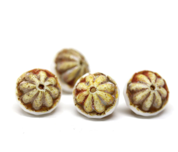 12x14mm Picasso large bicone beads, White carved Czech glass fire polished 4Pc