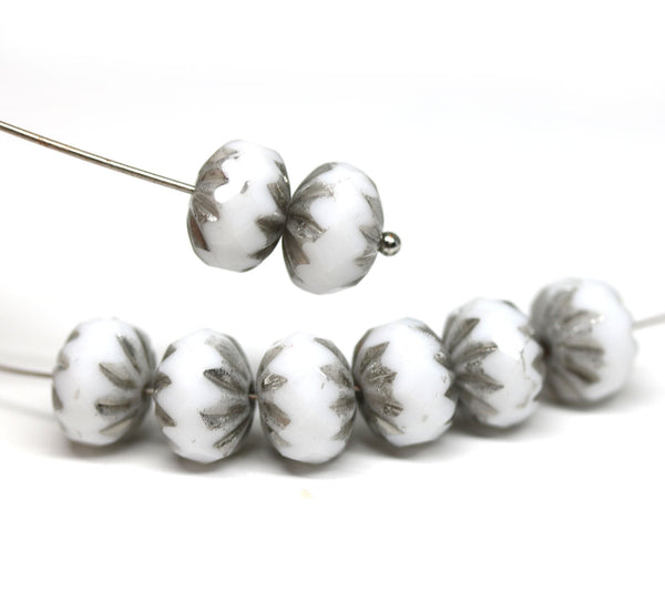 7x10mm White silver crueller rondelle Czech glass beads - 8Pc