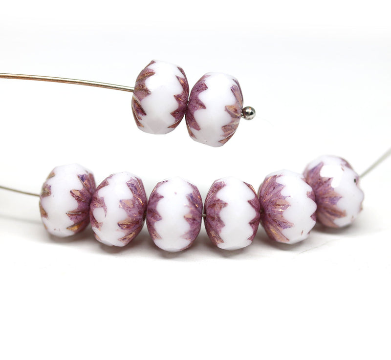 7x10mm White pink crueller rondelle Czech glass beads - 8Pc