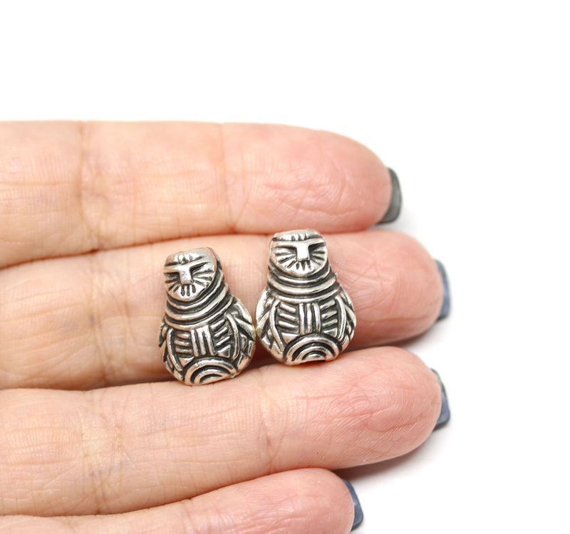 2pc Primitive goddess Antique silver Neolithic Idol beads, 3mm hole