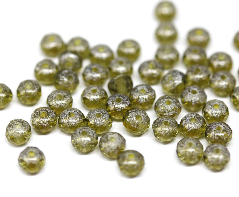 3x5mm Light olivine czech glass beads, Silver wash rondels - 50Pc
