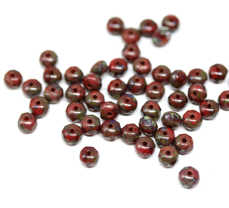 3x5mm Dark red rondelle beads, Opaque red picasso czech glass - 50pc