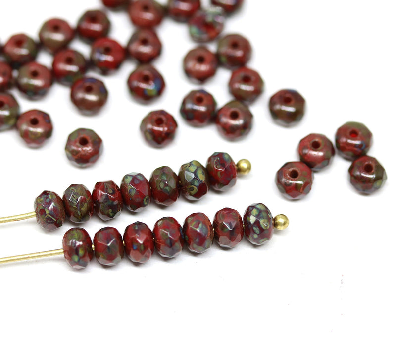 3x5mm Dark red rondelle beads, Opaque red picasso czech glass - 50pc