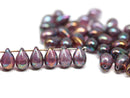 40pc Dark purple czech glass teardrop beads, Rainbow finish pressed - 6x9mm