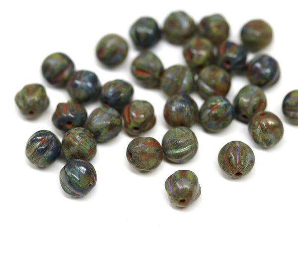 6mm Picasso melon dark blue green round beads - 30Pc