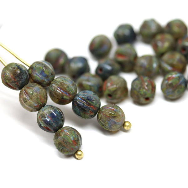 6mm Picasso melon dark blue green round beads - 30Pc