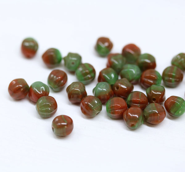 6mm brown green, Melon czech glass carved beads - 30Pc