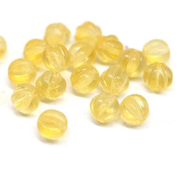 8mm Light yellow czech glass round beads, Melon shape - 20pc