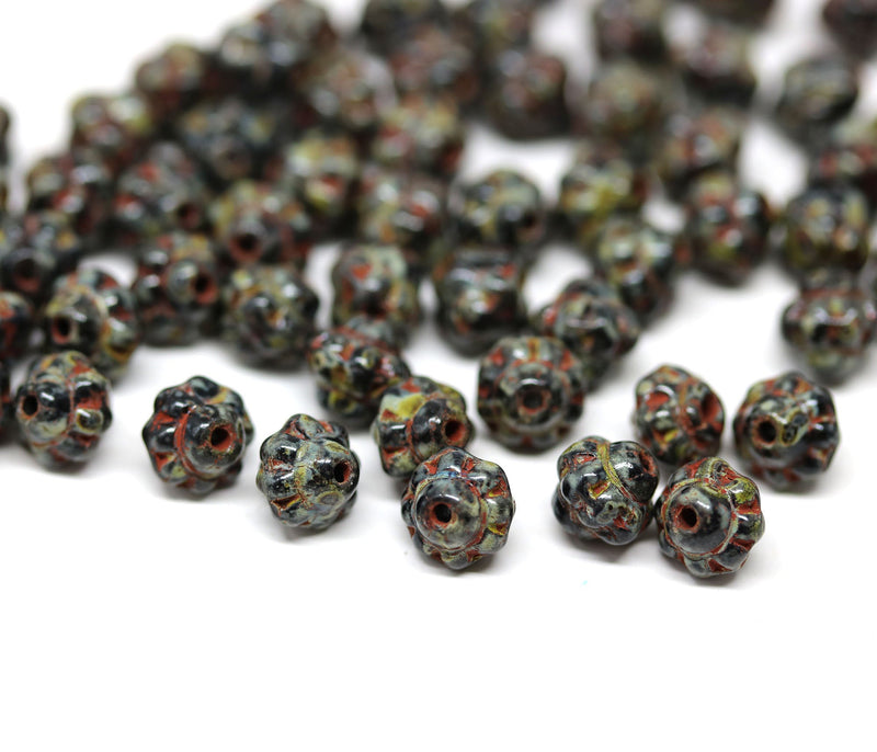 6mm Picasso black fancy bicone czech glass beads, 60pc