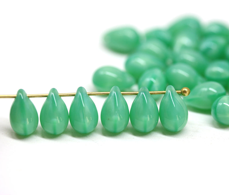 40pc Seafoam green czech glass teardrop beads, Jade green - 6x9mm
