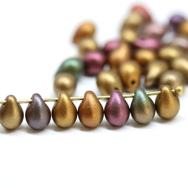 50pc Metallic teardrop beads mix, czech glass - 5x7mm