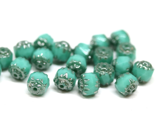 6mm Turquoise green cathedral beads, Czech glass round fire polished silver ends 20Pc
