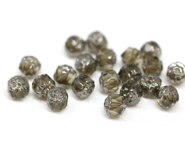 6mm Transparent gray cathedral beads, Czech glass round fire polished silver ends 20Pc