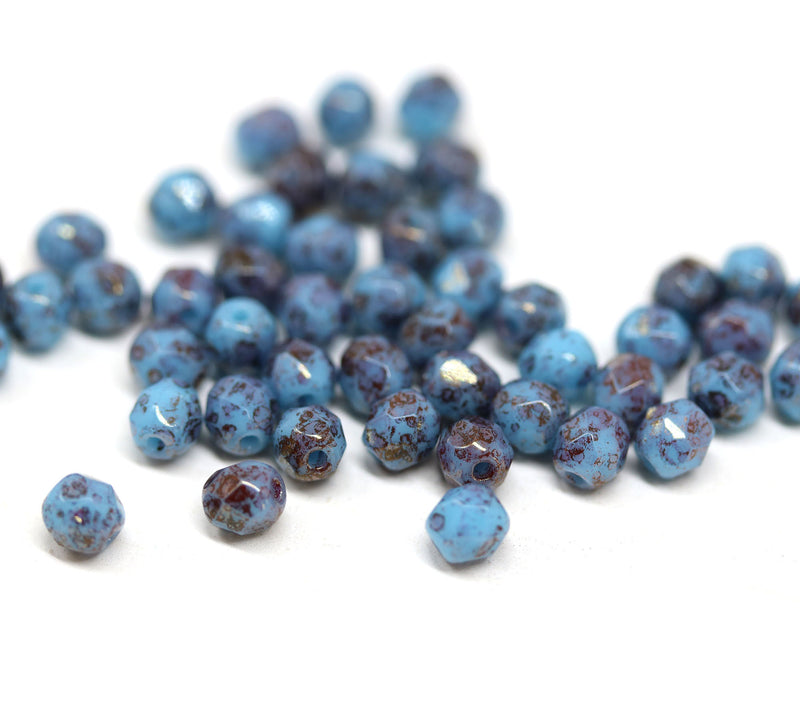 4mm Turquoise blue czech glass beads, Purple luster Fire polished faceted round spacers -  50Pc