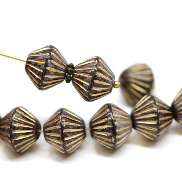 11mm Dark violet purple bicone beads, Golden stripes, 10pc