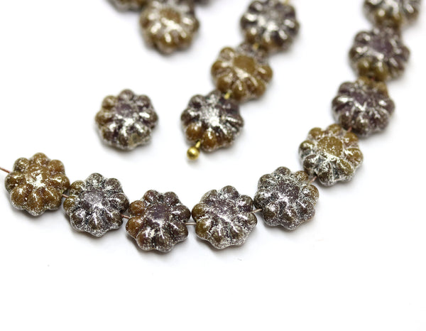 9mm Yellow brown daisy flower czech glass beads, Silver wash flat daisy 20Pc