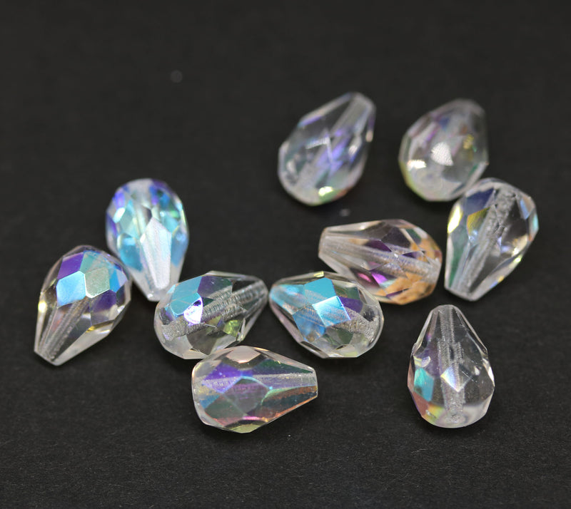 10pc Crystal clear pear beads, teardrop faceted czech glass beads - 10x7mm