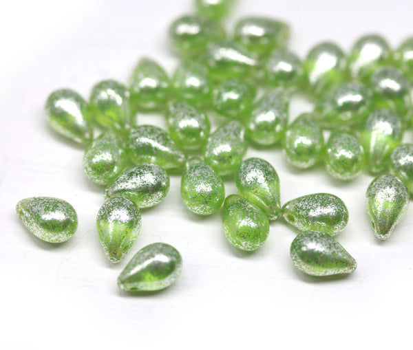 40pc Grass green teardrop czech glass beads Silver wash - 6x9mm